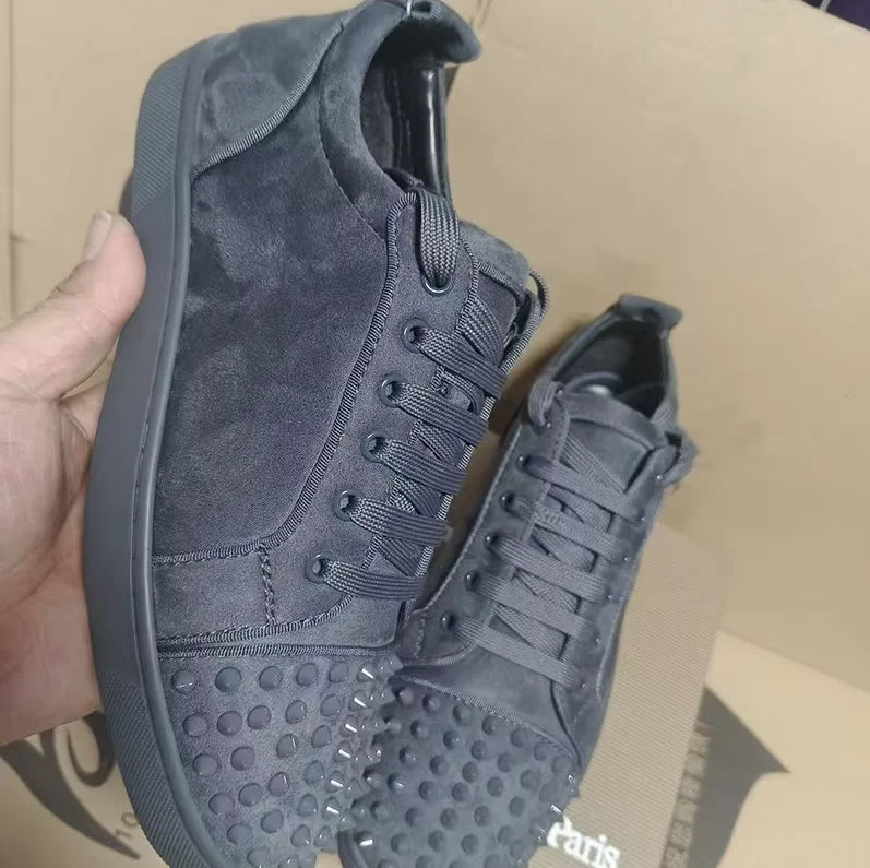 men's casual rock stage spikes studded shoes lace-up cow suede leather rivets shoe black grey flats platform sneakers footwear