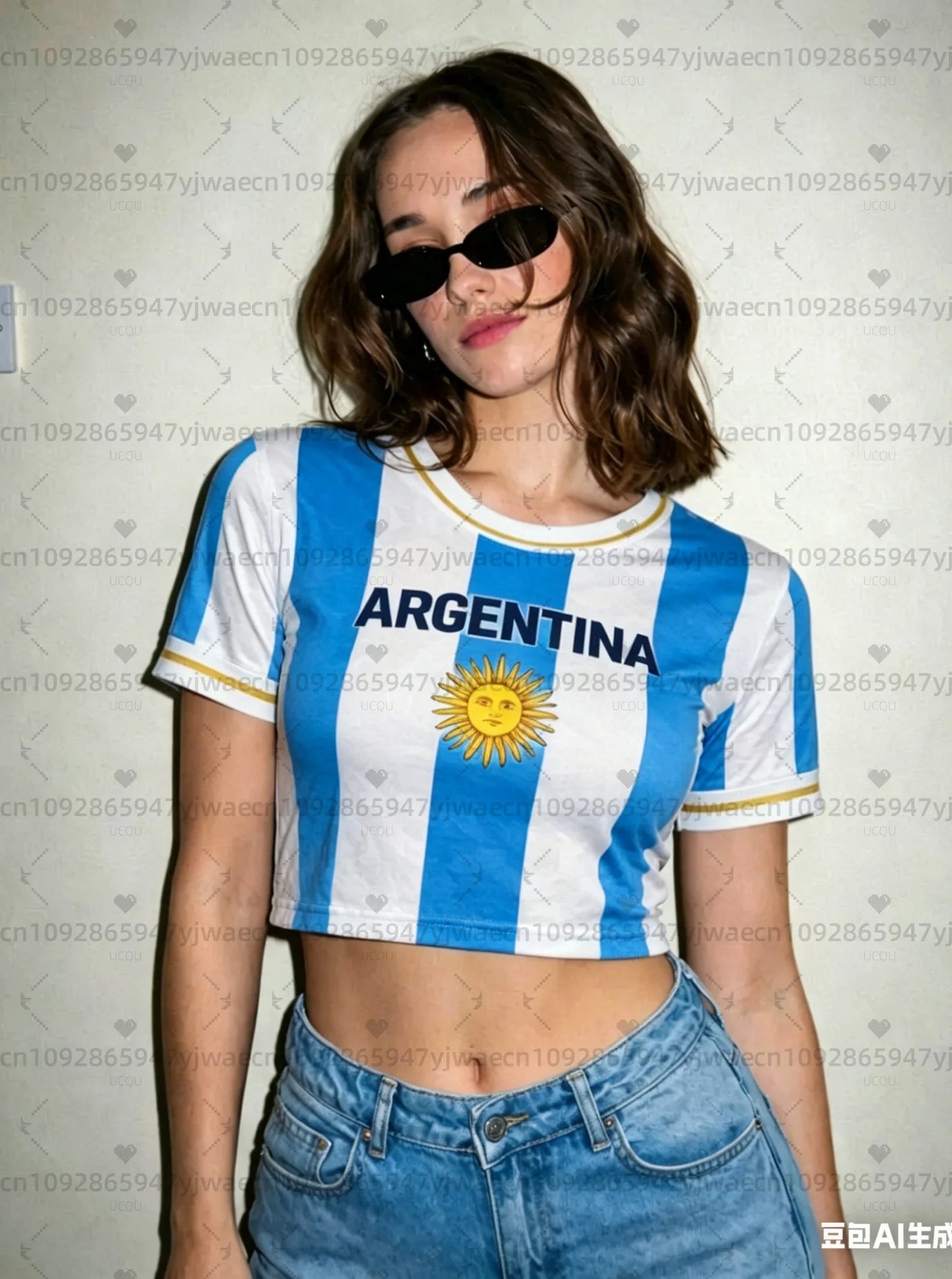 Argentina print Cheerleader Women's Football Jersey, Aztec Pattern Flag Crop Top, Summer Casual Streetwear Tee For soccer Fans