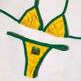 Women Brasil Flag Embroidered Bikini Set Triangle Halter Top & Thong Bottom Swimsuit Beachwear 2026