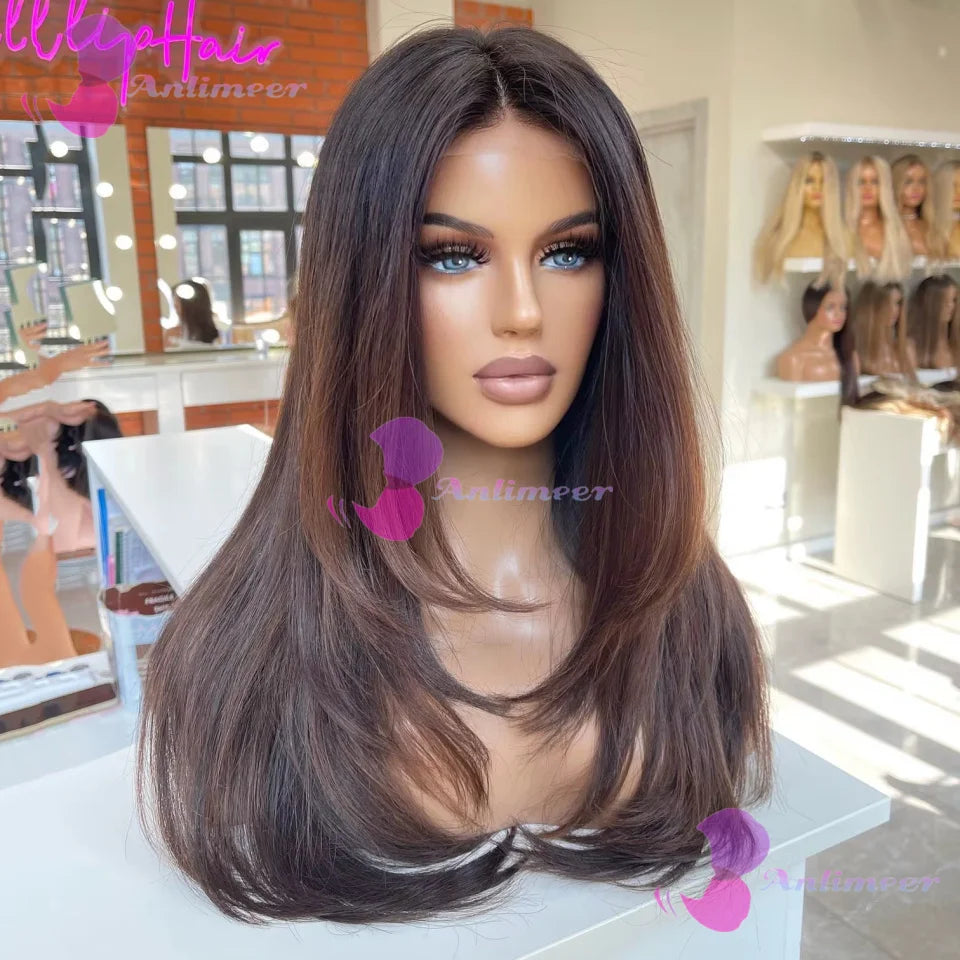 200% Density 13x6/360 Full Lace Wig Ombre Dark Brown Human Hair Straight 5x5 Silk Top Closure Wigs Remy Brazilian Bleached Knots