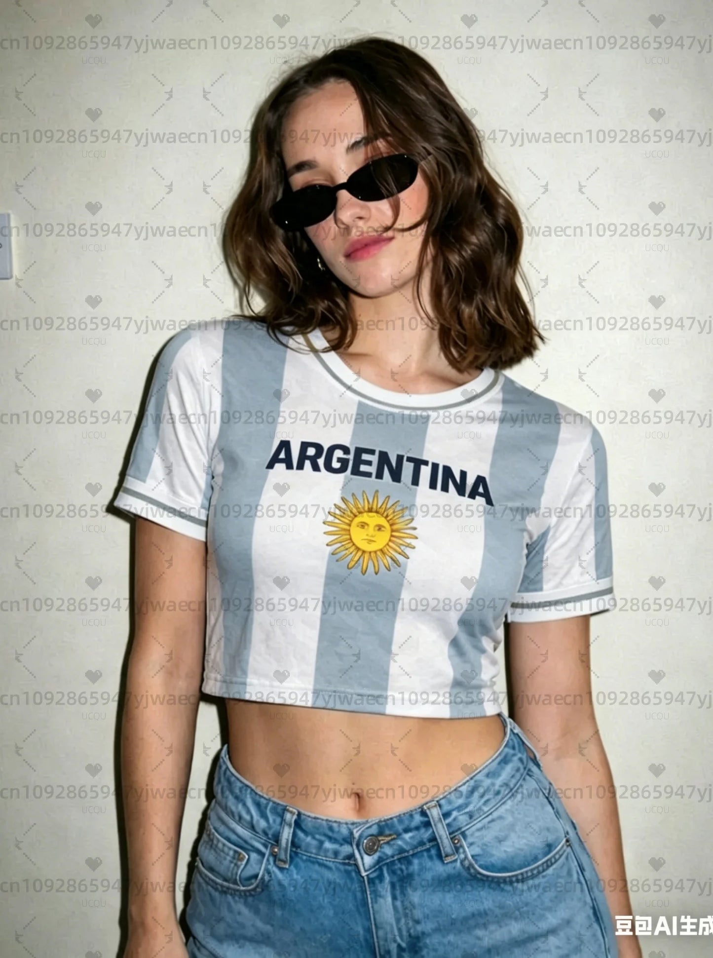Argentina print Cheerleader Women's Football Jersey, Aztec Pattern Flag Crop Top, Summer Casual Streetwear Tee For soccer Fans