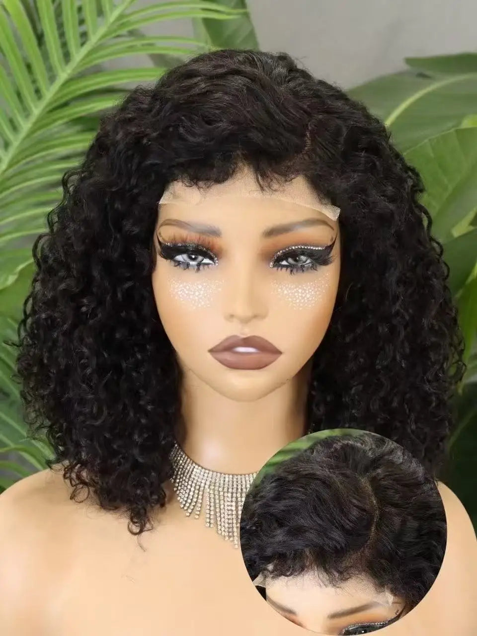 300% Density 4x4 C Part Gluess Pixie Curly Hair Wig with PrePlucked Baby Hair Lace Closure Bouncy Curly Human Hair Wig for Women