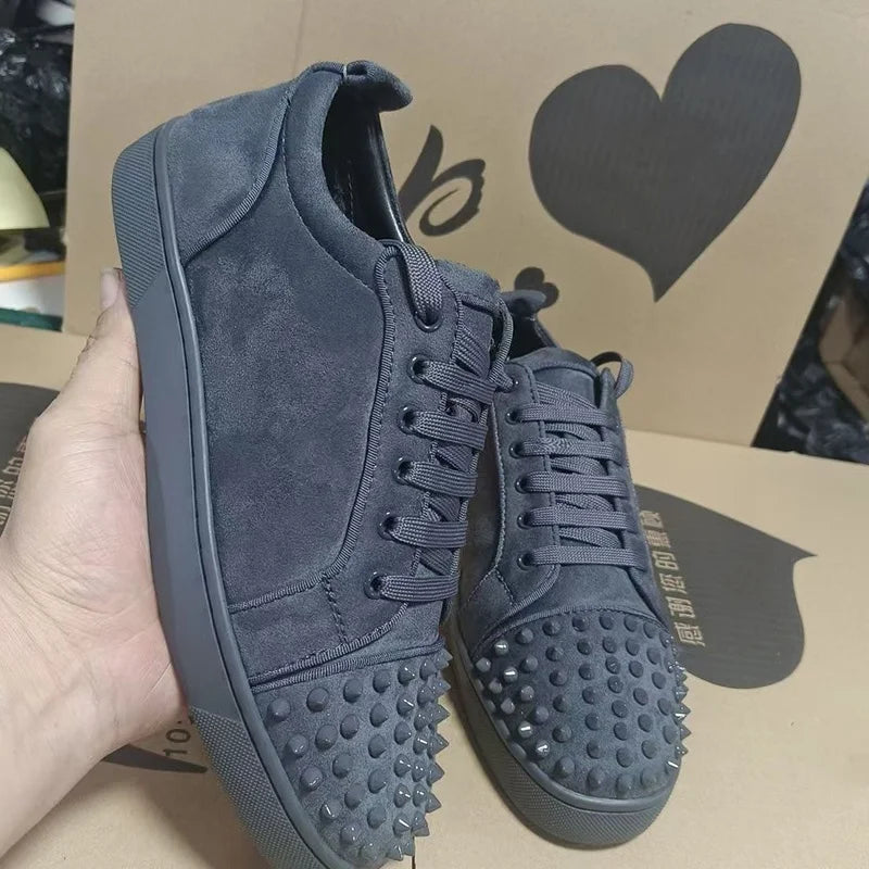 men's casual rock stage spikes studded shoes lace-up cow suede leather rivets shoe black grey flats platform sneakers footwear