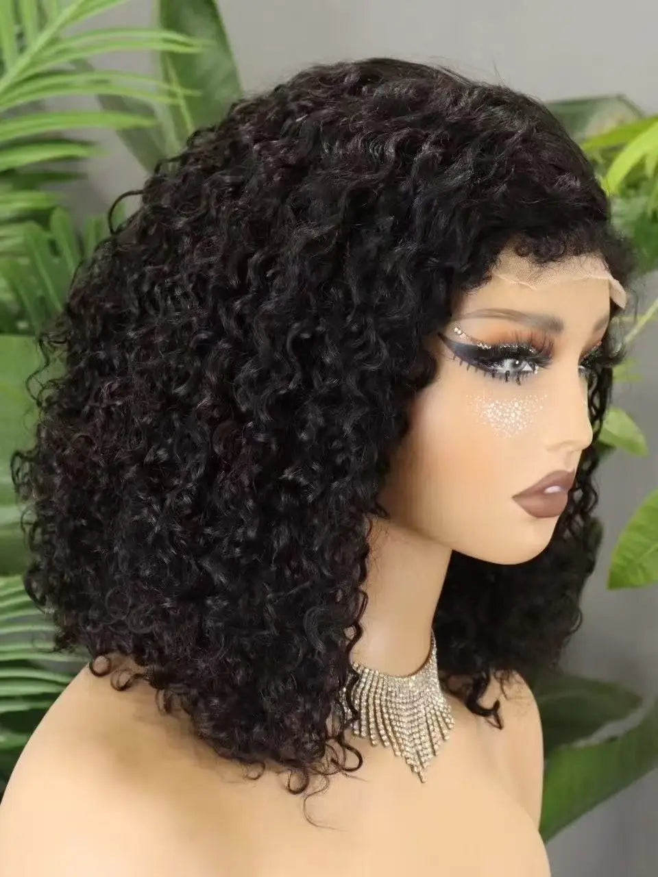 300% Density 4x4 C Part Gluess Pixie Curly Hair Wig with PrePlucked Baby Hair Lace Closure Bouncy Curly Human Hair Wig for Women