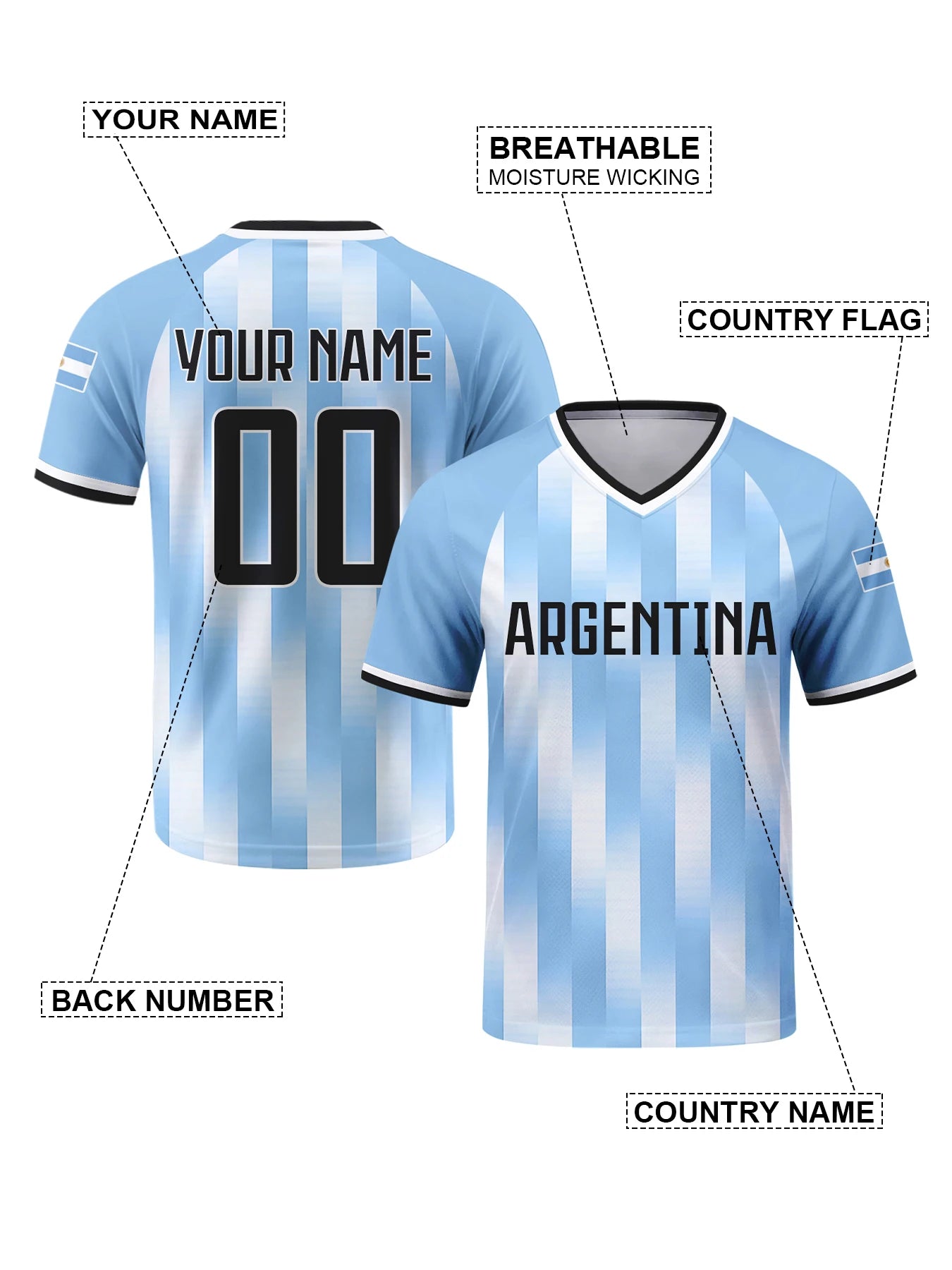 Custom Argentina Soccer Jersey Personalized with Name Number Breathable V-neck Football Team Shirt for Men Youth Women