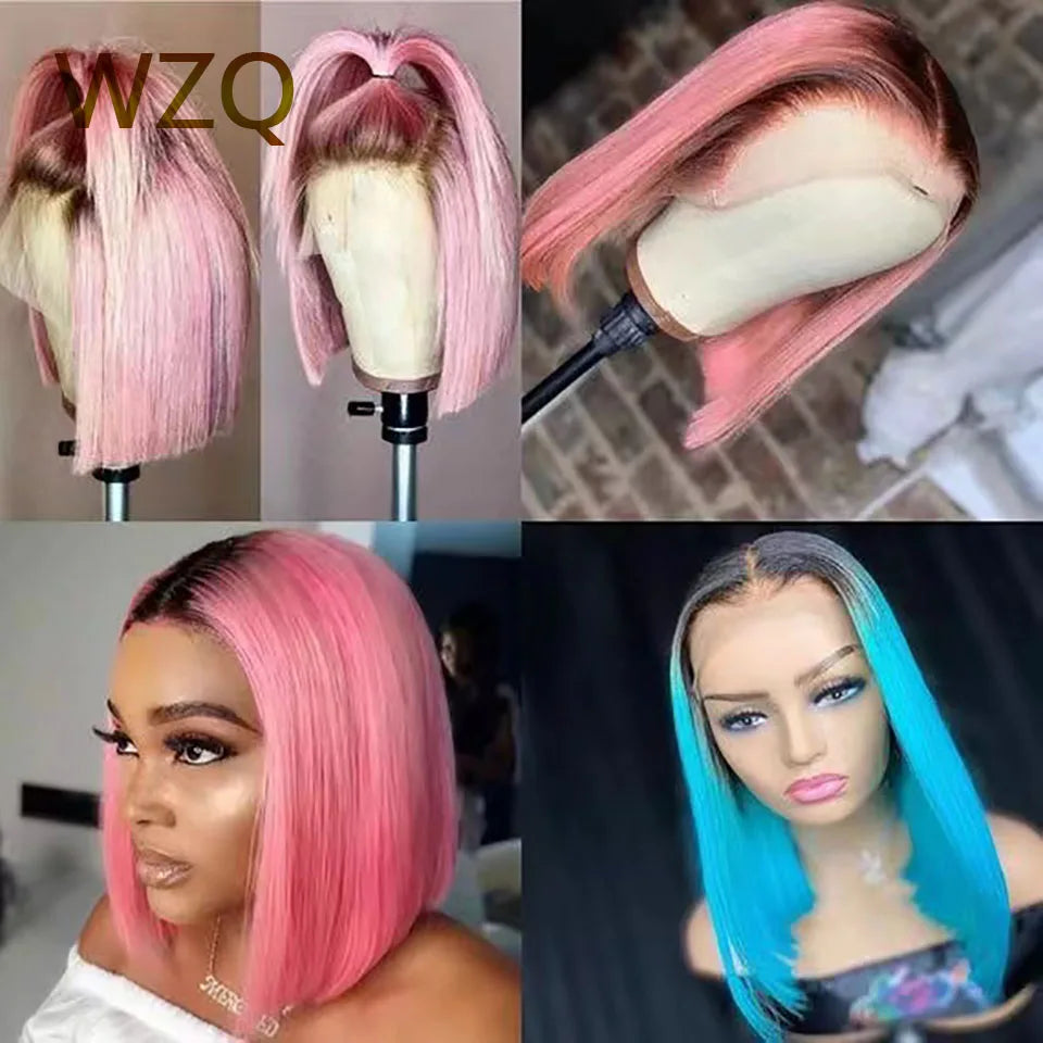 Pink Short Bob Human Hair Wig For Women Ombre 4T Pink 180% Density 13x4 Transparent Lace Front Wig Straight Brazilian Remy Wig
