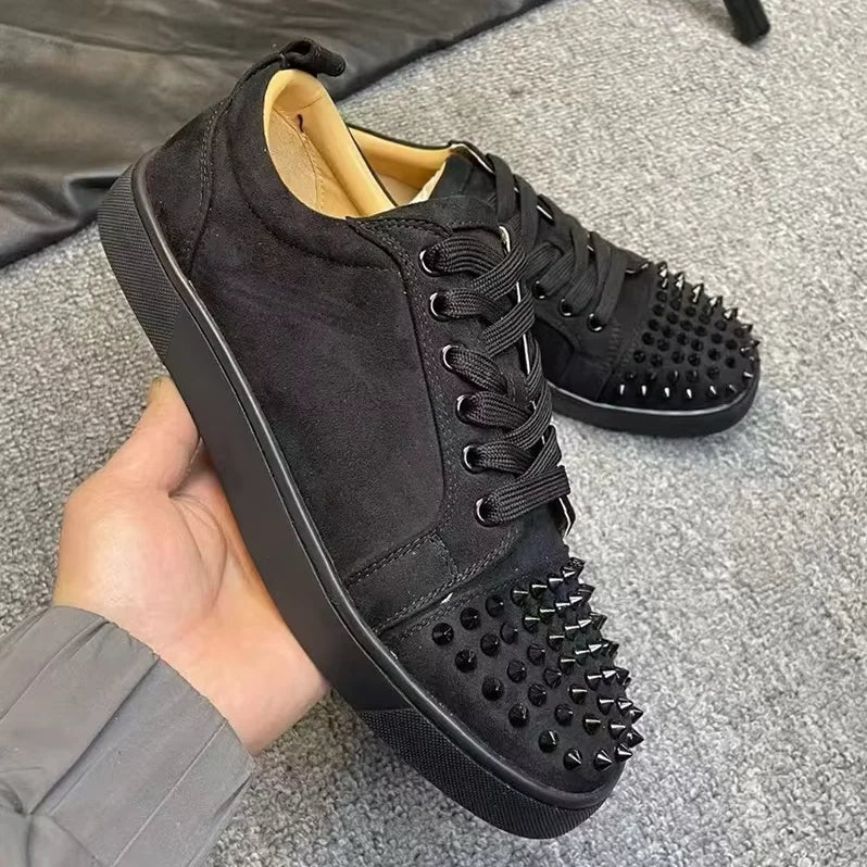 men's casual rock stage spikes studded shoes lace-up cow suede leather rivets shoe black grey flats platform sneakers footwear