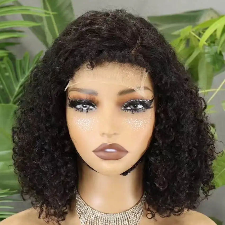 300% Density 4x4 C Part Gluess Pixie Curly Hair Wig with PrePlucked Baby Hair Lace Closure Bouncy Curly Human Hair Wig for Women