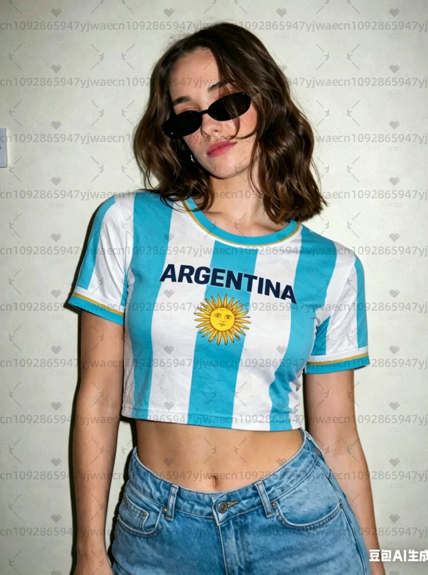 Argentina print Cheerleader Women's Football Jersey, Aztec Pattern Flag Crop Top, Summer Casual Streetwear Tee For soccer Fans