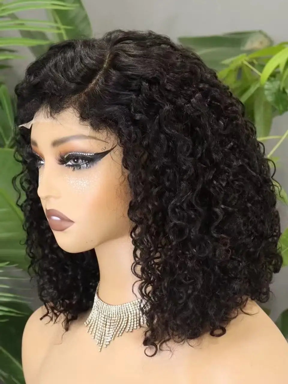 300% Density 4x4 C Part Gluess Pixie Curly Hair Wig with PrePlucked Baby Hair Lace Closure Bouncy Curly Human Hair Wig for Women