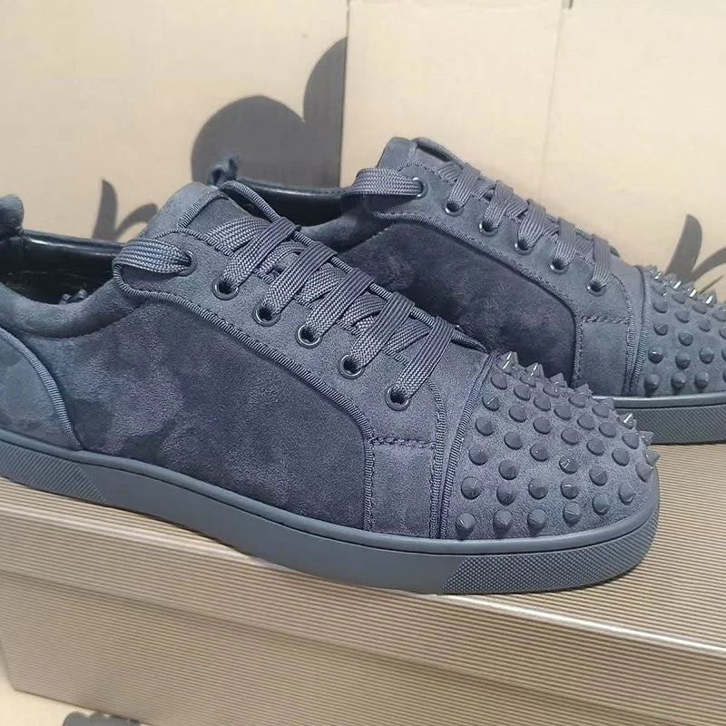 men's casual rock stage spikes studded shoes lace-up cow suede leather rivets shoe black grey flats platform sneakers footwear
