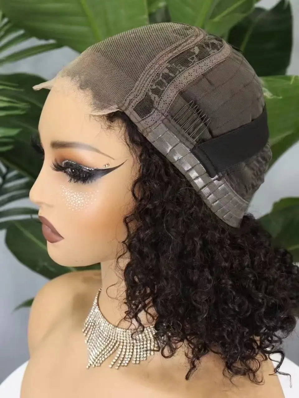 300% Density 4x4 C Part Gluess Pixie Curly Hair Wig with PrePlucked Baby Hair Lace Closure Bouncy Curly Human Hair Wig for Women