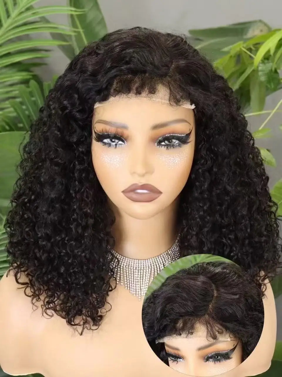 300% Density 4x4 C Part Gluess Pixie Curly Hair Wig with PrePlucked Baby Hair Lace Closure Bouncy Curly Human Hair Wig for Women