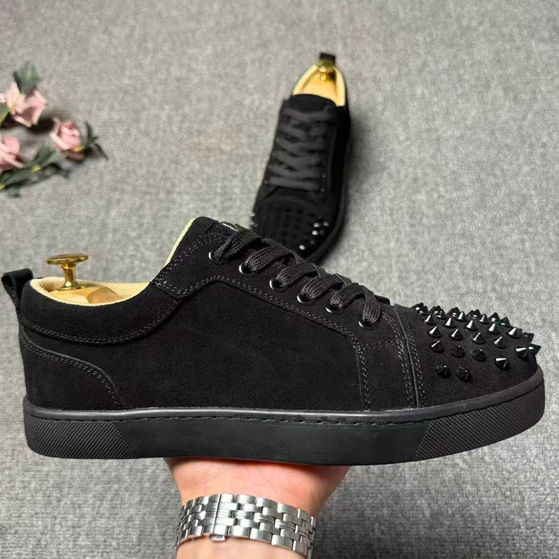 men's casual rock stage spikes studded shoes lace-up cow suede leather rivets shoe black grey flats platform sneakers footwear