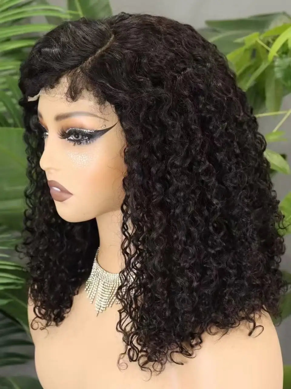 300% Density 4x4 C Part Gluess Pixie Curly Hair Wig with PrePlucked Baby Hair Lace Closure Bouncy Curly Human Hair Wig for Women