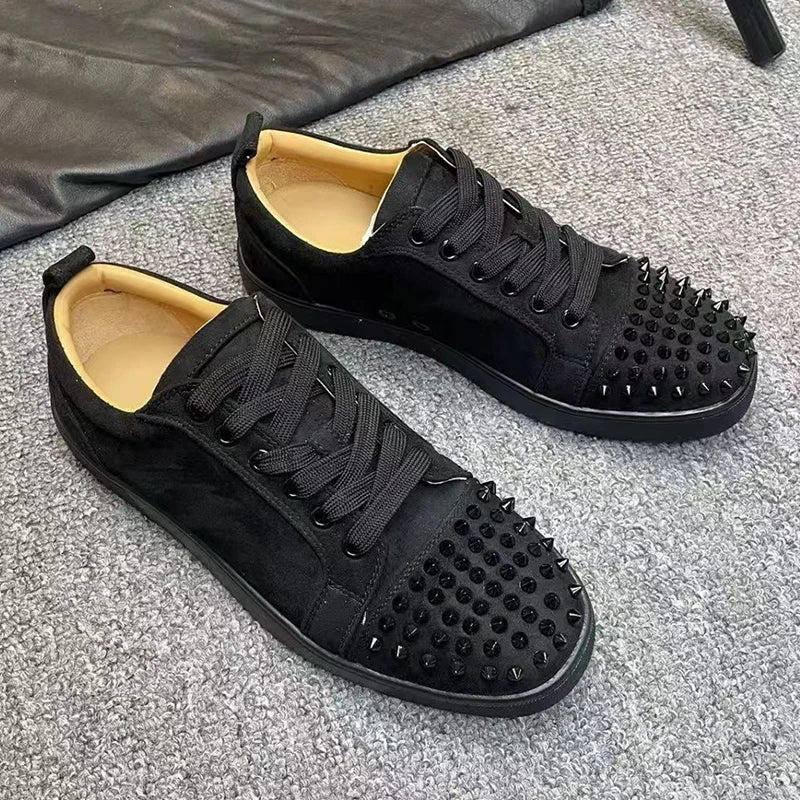 men's casual rock stage spikes studded shoes lace-up cow suede leather rivets shoe black grey flats platform sneakers footwear