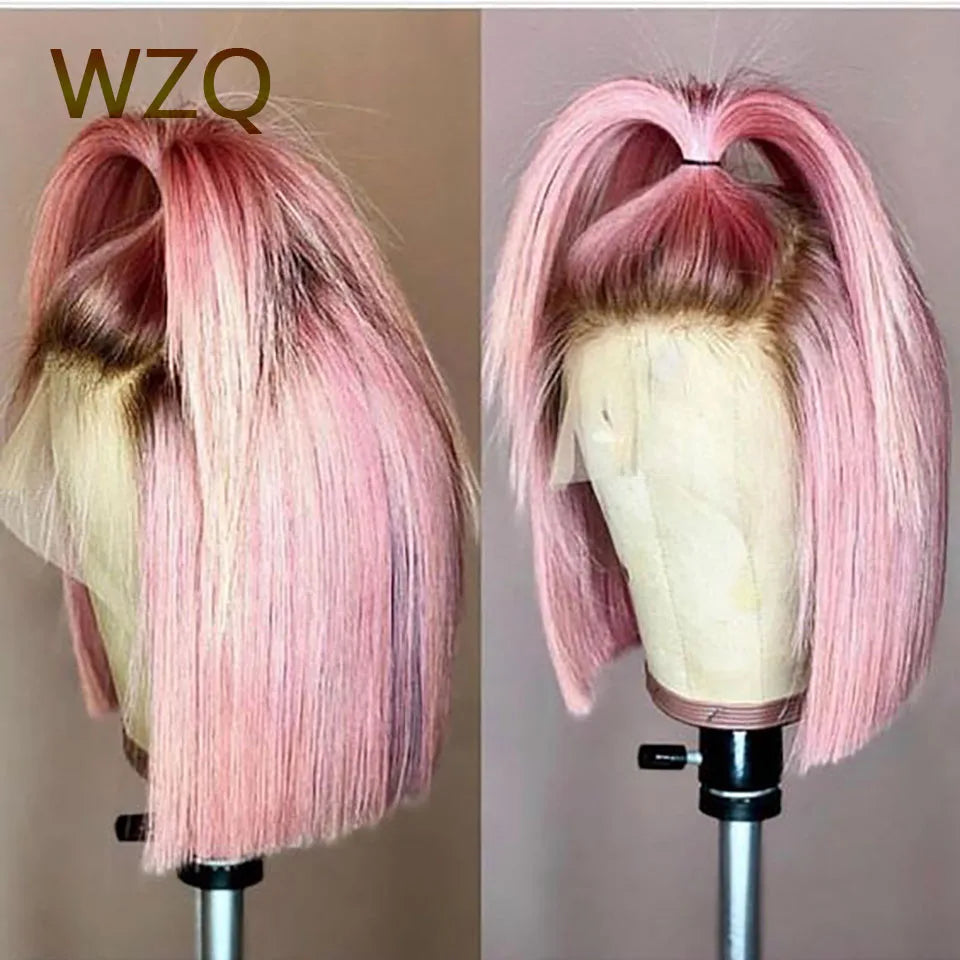 Pink Short Bob Human Hair Wig For Women Ombre 4T Pink 180% Density 13x4 Transparent Lace Front Wig Straight Brazilian Remy Wig