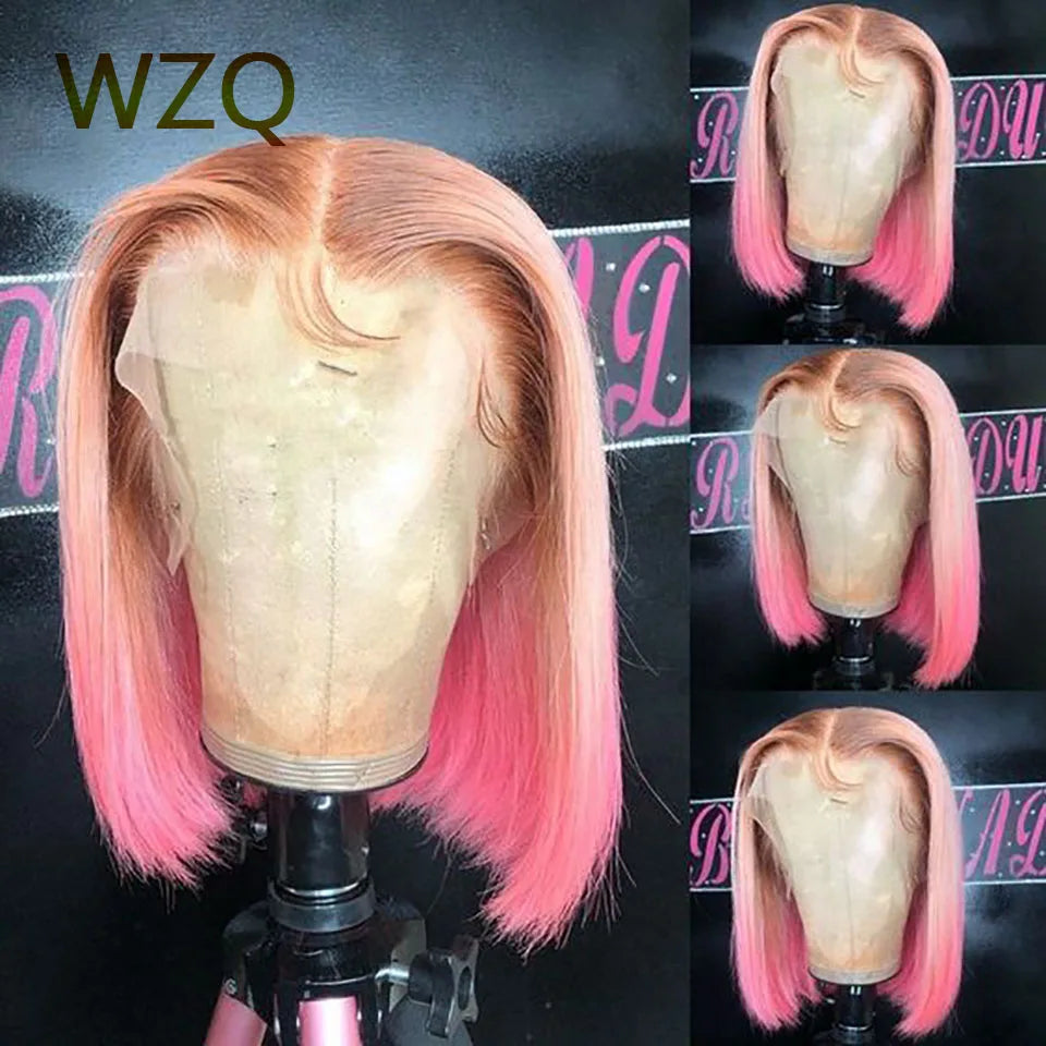 Pink Short Bob Human Hair Wig For Women Ombre 4T Pink 180% Density 13x4 Transparent Lace Front Wig Straight Brazilian Remy Wig