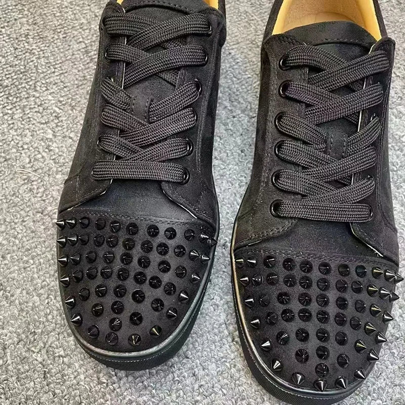 men's casual rock stage spikes studded shoes lace-up cow suede leather rivets shoe black grey flats platform sneakers footwear