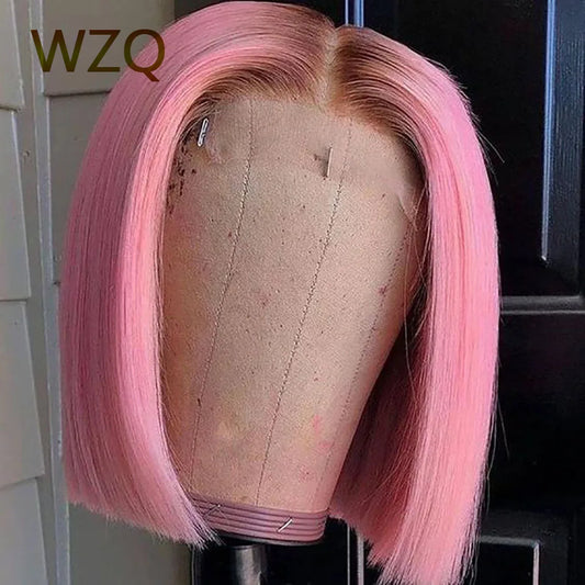 Pink Short Bob Human Hair Wig For Women Ombre 4T Pink 180% Density 13x4 Transparent Lace Front Wig Straight Brazilian Remy Wig