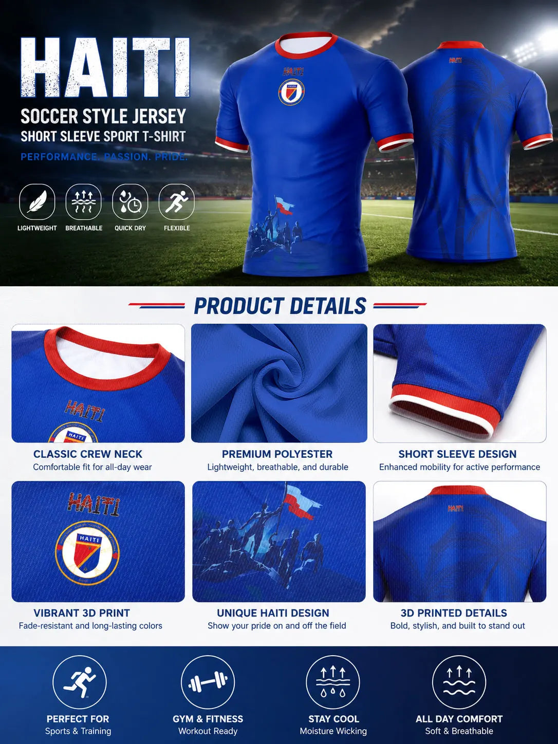 2026 Haiti Soccer Style Jersey Short Sleeve Sport T-Shirt Gym Training Workout Athletic Fitness Quick Dry Sportswear