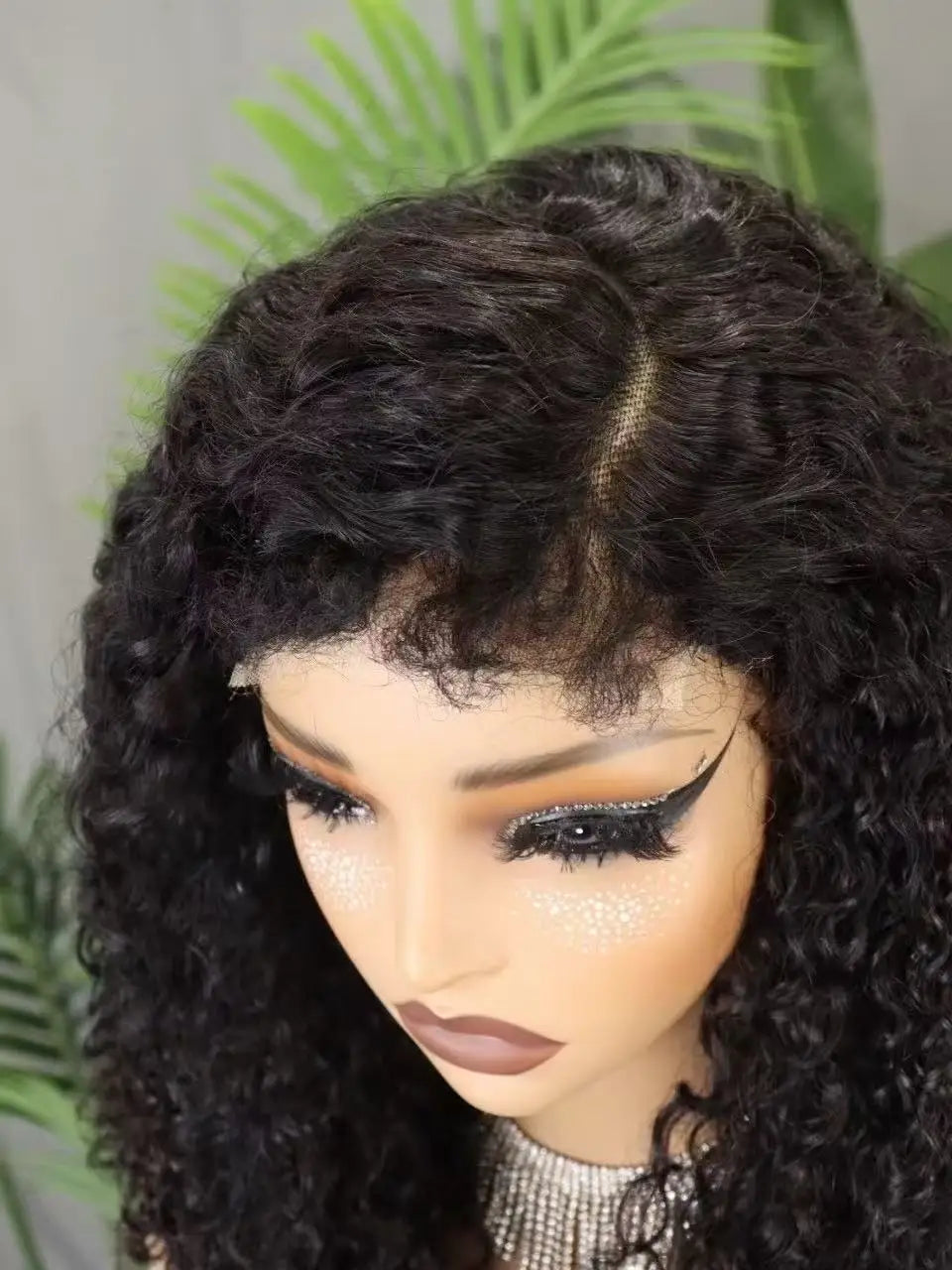 300% Density 4x4 C Part Gluess Pixie Curly Hair Wig with PrePlucked Baby Hair Lace Closure Bouncy Curly Human Hair Wig for Women