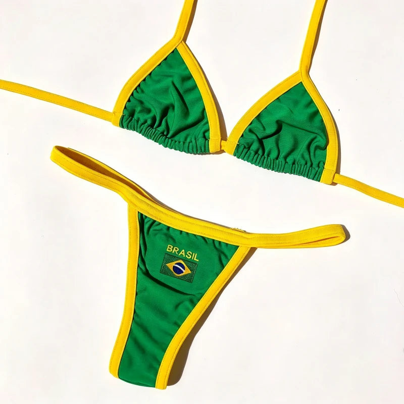 Women Brasil Flag Embroidered Bikini Set Triangle Halter Top & Thong Bottom Swimsuit Beachwear 2026