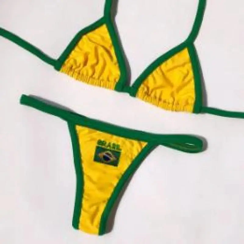 Women Brasil Flag Embroidered Bikini Set Triangle Halter Top & Thong Bottom Swimsuit Beachwear 2026