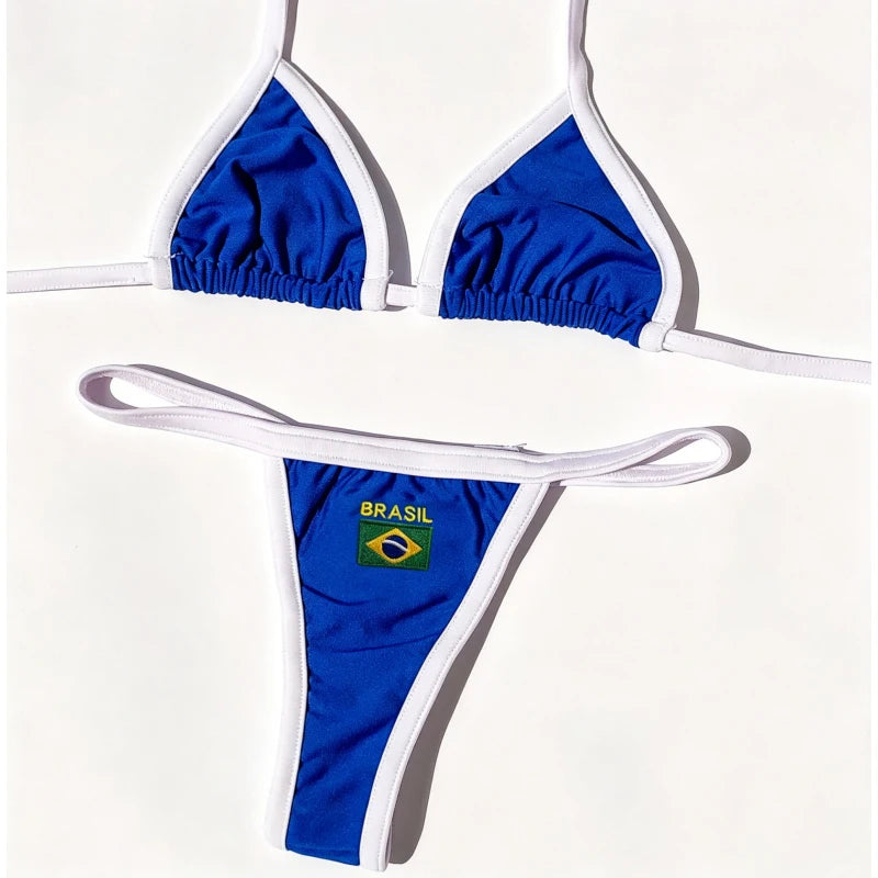 Women Brasil Flag Embroidered Bikini Set Triangle Halter Top & Thong Bottom Swimsuit Beachwear 2026