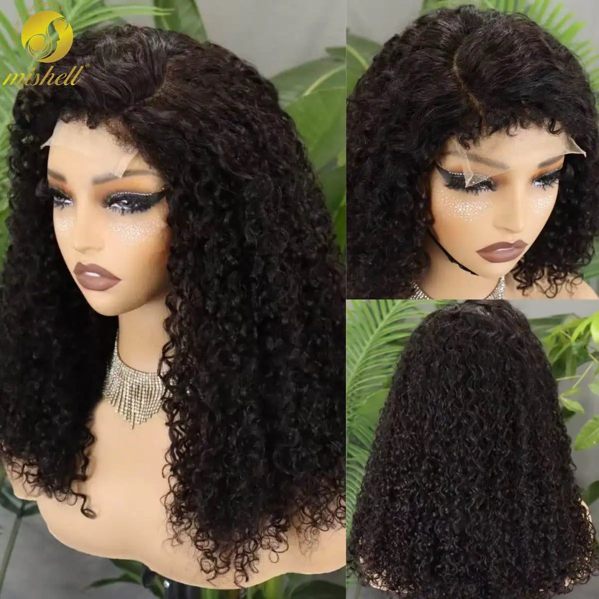 300% Density 4x4 C Part Gluess Pixie Curly Hair Wig with PrePlucked Baby Hair Lace Closure Bouncy Curly Human Hair Wig for Women