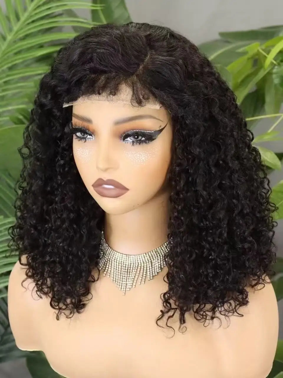 300% Density 4x4 C Part Gluess Pixie Curly Hair Wig with PrePlucked Baby Hair Lace Closure Bouncy Curly Human Hair Wig for Women