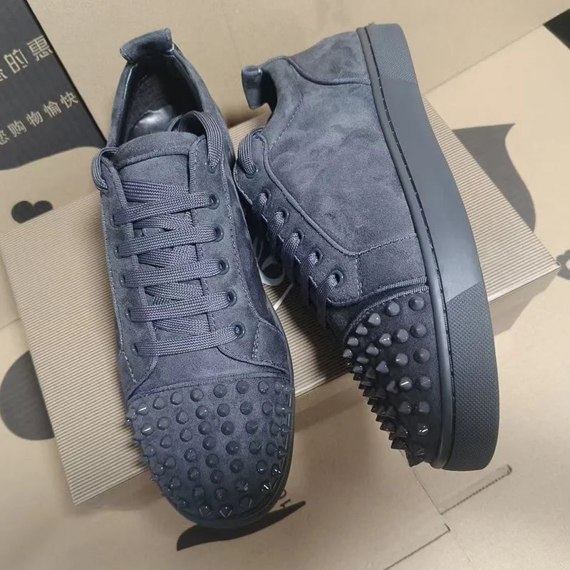 men's casual rock stage spikes studded shoes lace-up cow suede leather rivets shoe black grey flats platform sneakers footwear