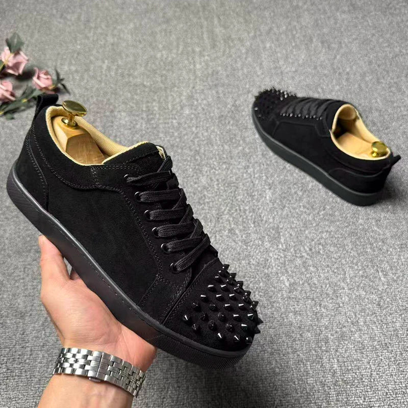 men's casual rock stage spikes studded shoes lace-up cow suede leather rivets shoe black grey flats platform sneakers footwear