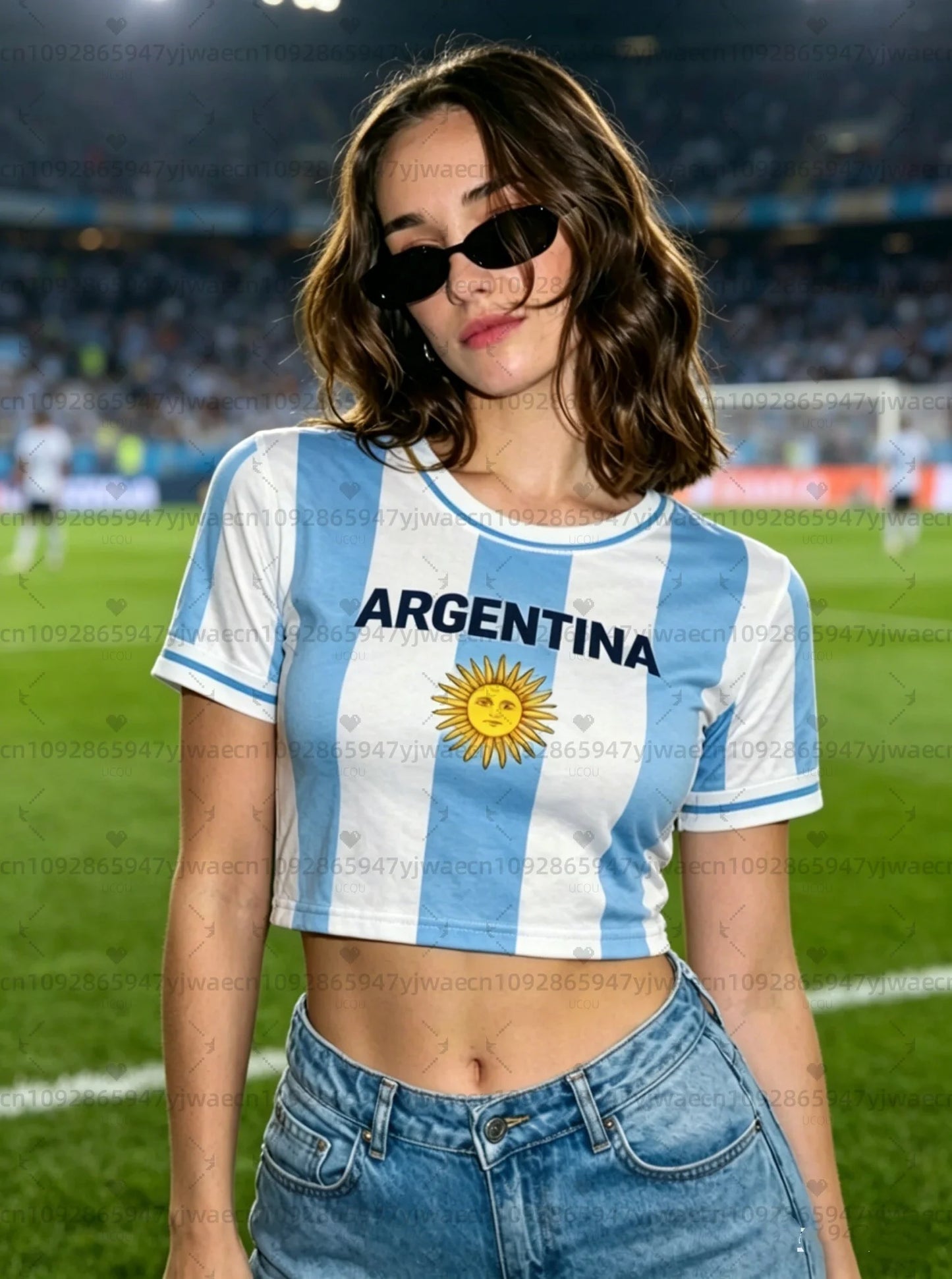 Argentina print Cheerleader Women's Football Jersey, Aztec Pattern Flag Crop Top, Summer Casual Streetwear Tee For soccer Fans