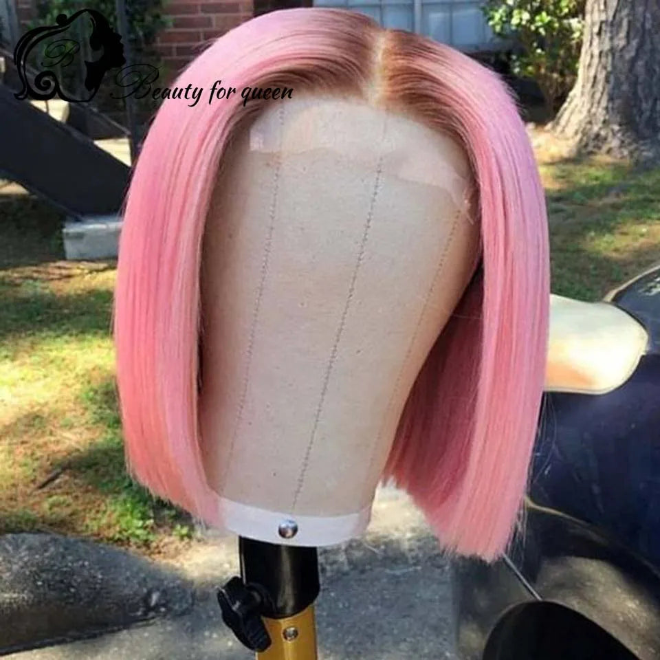 Pink Short Bob Human Hair Wig For Women Ombre 4T Pink 180% Density 13x4 Transparent Lace Front Wig Straight Brazilian Remy Wig