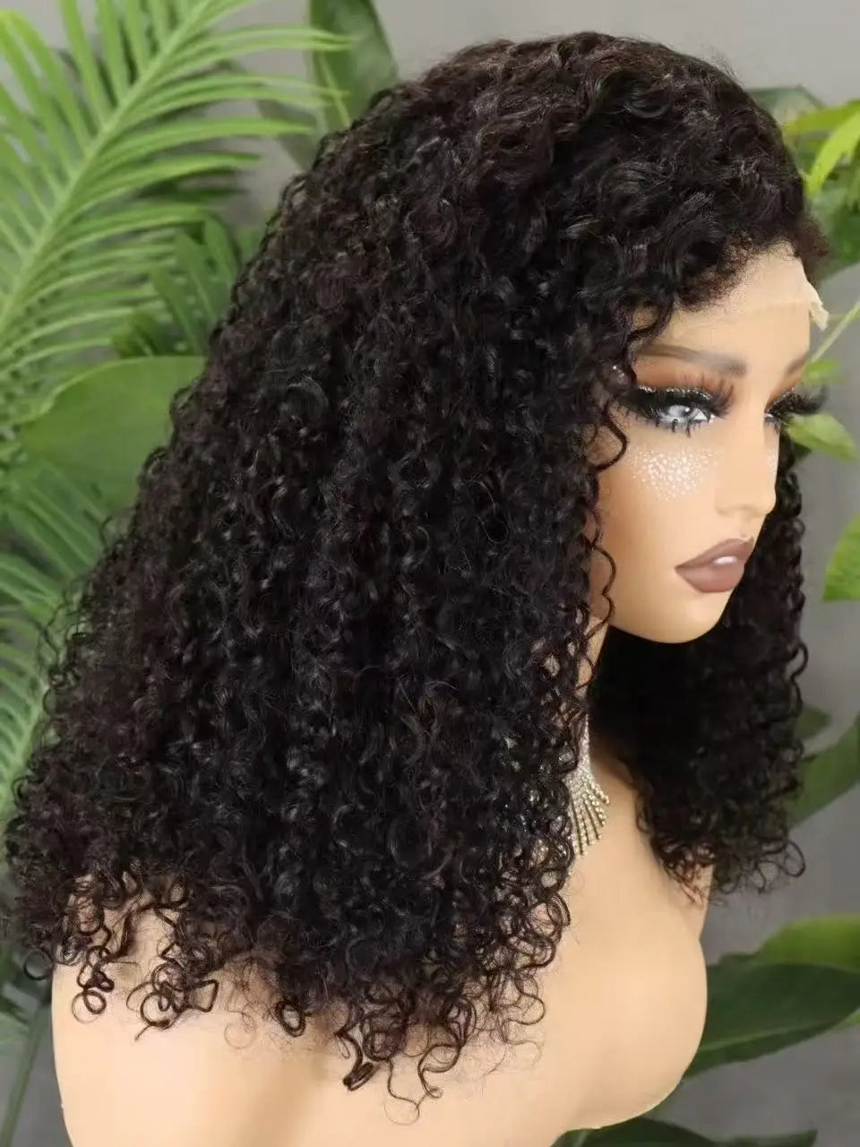 300% Density 4x4 C Part Gluess Pixie Curly Hair Wig with PrePlucked Baby Hair Lace Closure Bouncy Curly Human Hair Wig for Women