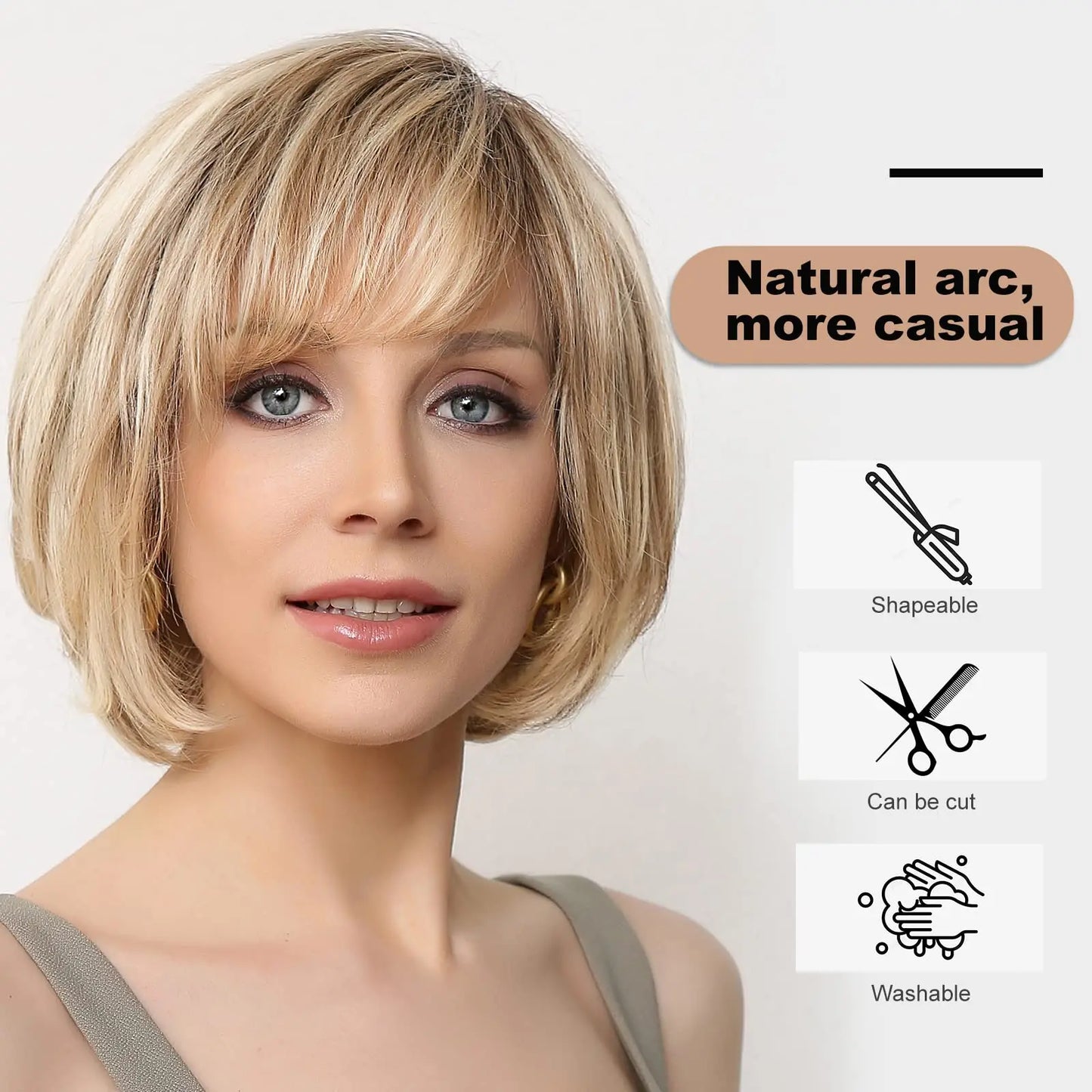Short Straight Blonde Brown Lace Front Human Hair Wigs with Bangs for Women 100% Remy Human Hairs Bob Natural Wavy Layered Wigs