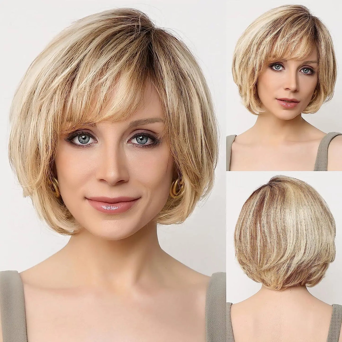 Short Straight Blonde Brown Lace Front Human Hair Wigs with Bangs for Women 100% Remy Human Hairs Bob Natural Wavy Layered Wigs