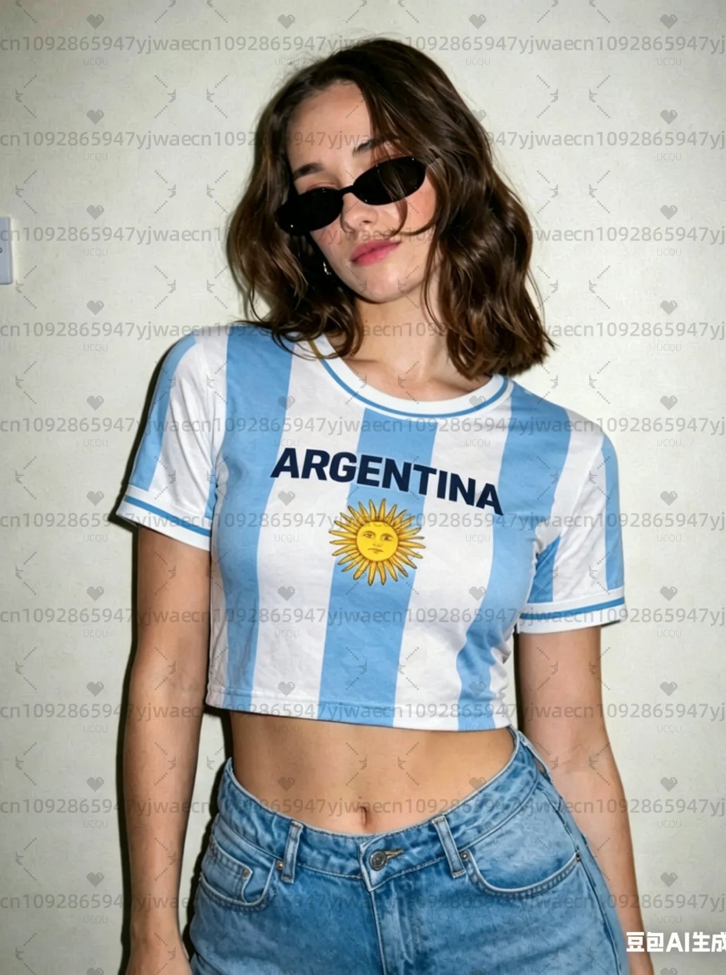 Argentina print Cheerleader Women's Football Jersey, Aztec Pattern Flag Crop Top, Summer Casual Streetwear Tee For soccer Fans