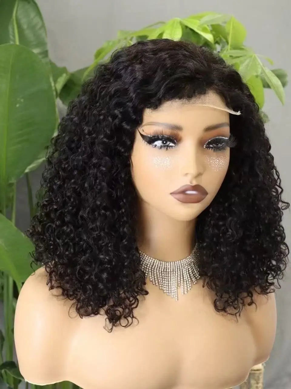 300% Density 4x4 C Part Gluess Pixie Curly Hair Wig with PrePlucked Baby Hair Lace Closure Bouncy Curly Human Hair Wig for Women