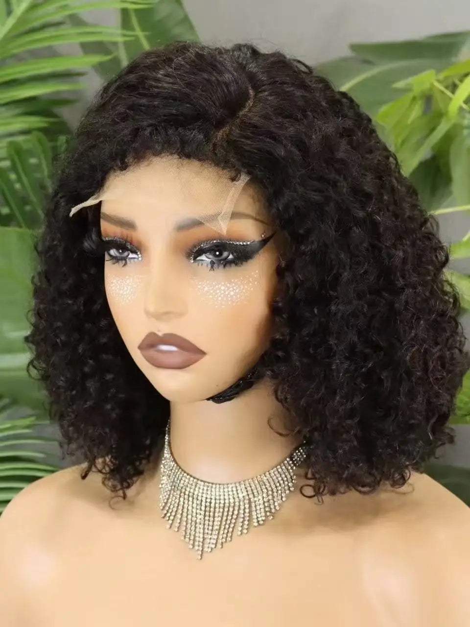 300% Density 4x4 C Part Gluess Pixie Curly Hair Wig with PrePlucked Baby Hair Lace Closure Bouncy Curly Human Hair Wig for Women