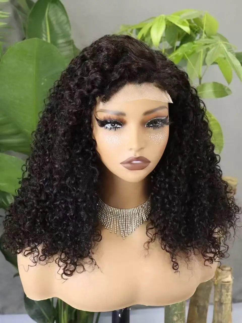 300% Density 4x4 C Part Gluess Pixie Curly Hair Wig with PrePlucked Baby Hair Lace Closure Bouncy Curly Human Hair Wig for Women