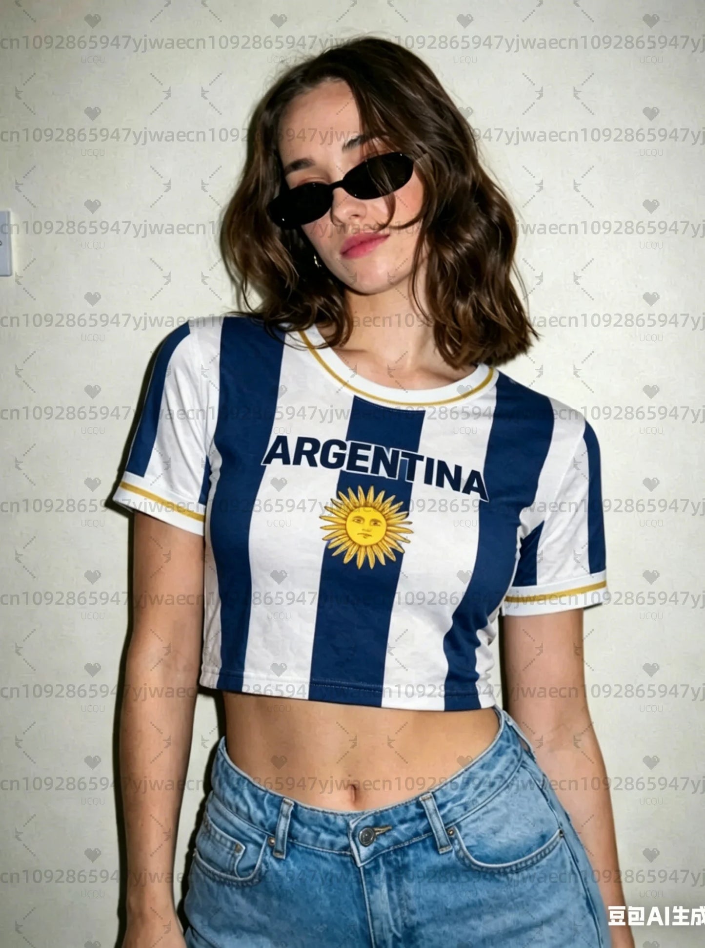 Argentina print Cheerleader Women's Football Jersey, Aztec Pattern Flag Crop Top, Summer Casual Streetwear Tee For soccer Fans