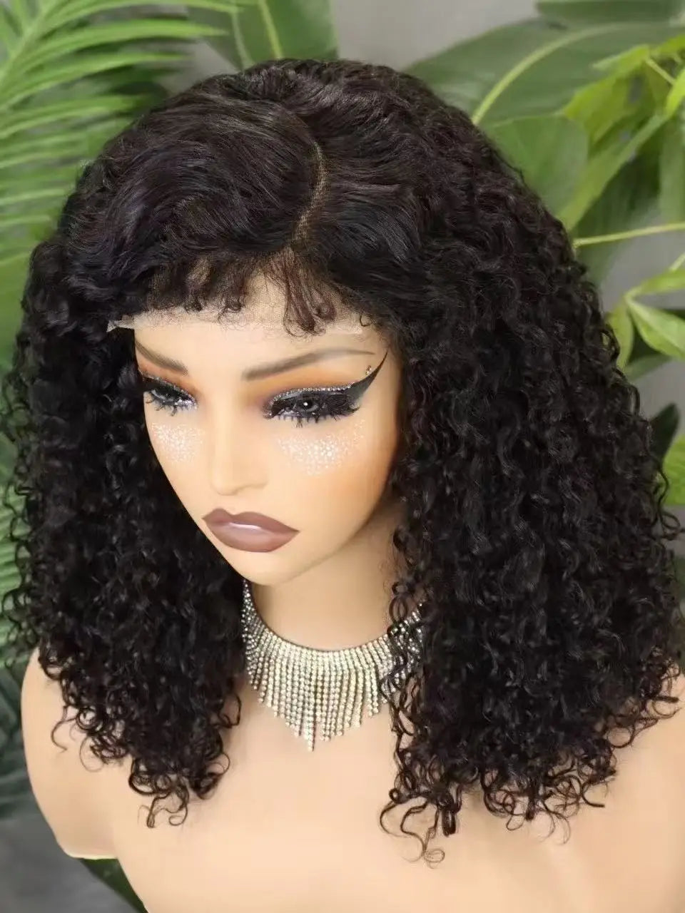 300% Density 4x4 C Part Gluess Pixie Curly Hair Wig with PrePlucked Baby Hair Lace Closure Bouncy Curly Human Hair Wig for Women