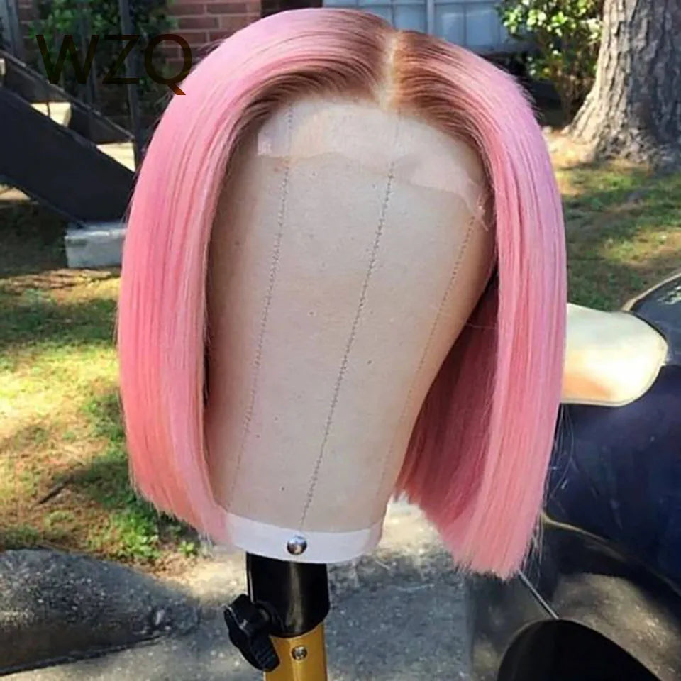 Pink Short Bob Human Hair Wig For Women Ombre 4T Pink 180% Density 13x4 Transparent Lace Front Wig Straight Brazilian Remy Wig